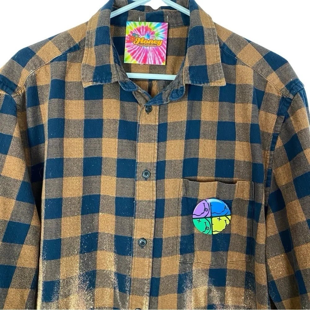 Nirvana Band Flannel Shirt Mens Unisex XL Shacket Buffalo Plaid Upcycled Brown - Picture 3 of 10
